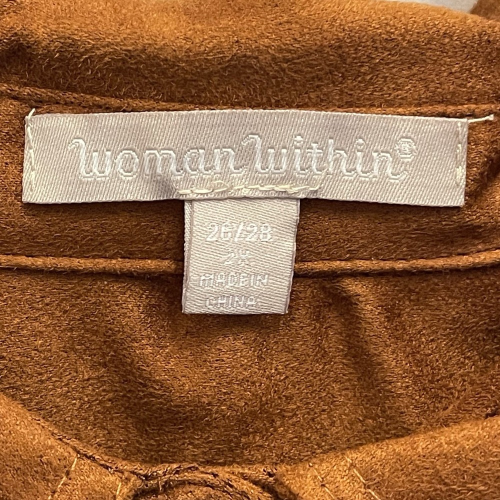 Woman Within Brown Faux Suede Button Up Top Caramel Womens 26 28 Old Money - Picture 5 of 9